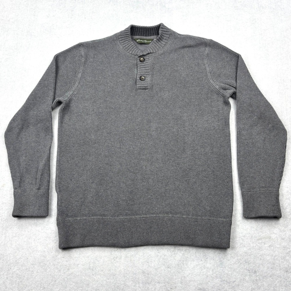 Eddie Bauer Sweater Mens XL Gray 100 Cotton Chunky Ribbed Knit Henley Pullover